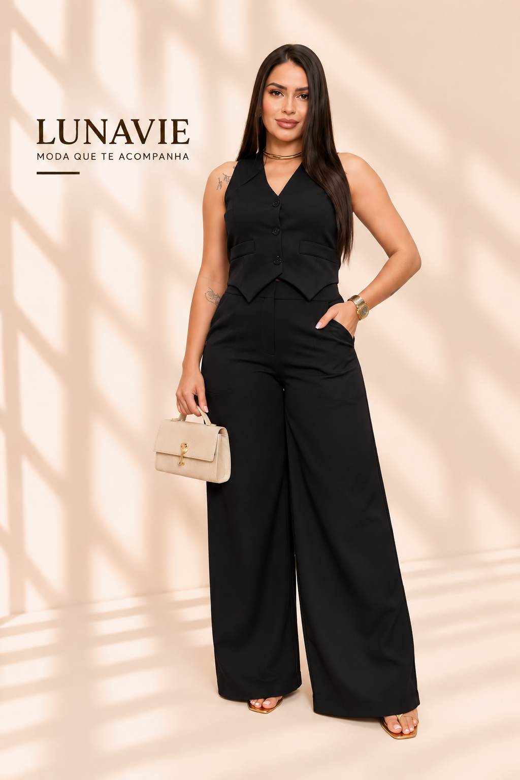 Conjunto Feminino Alfaiataria Colete e Calça Pantalona
