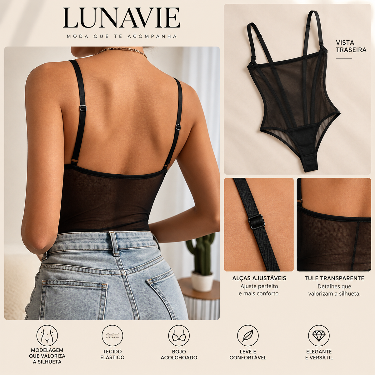 Body Amélie de Renda Preto