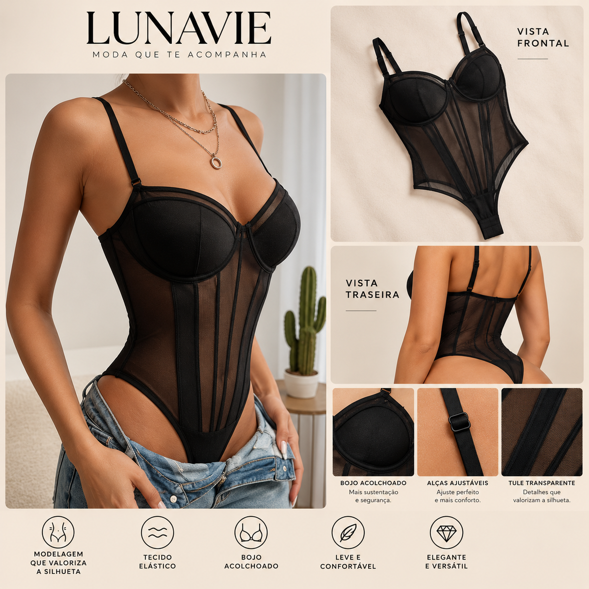 Body Amélie de Renda Preto