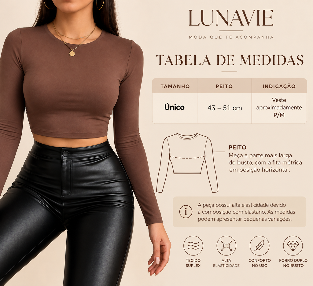 Cropped Feminino Manga Longa em Suplex Tamanho único