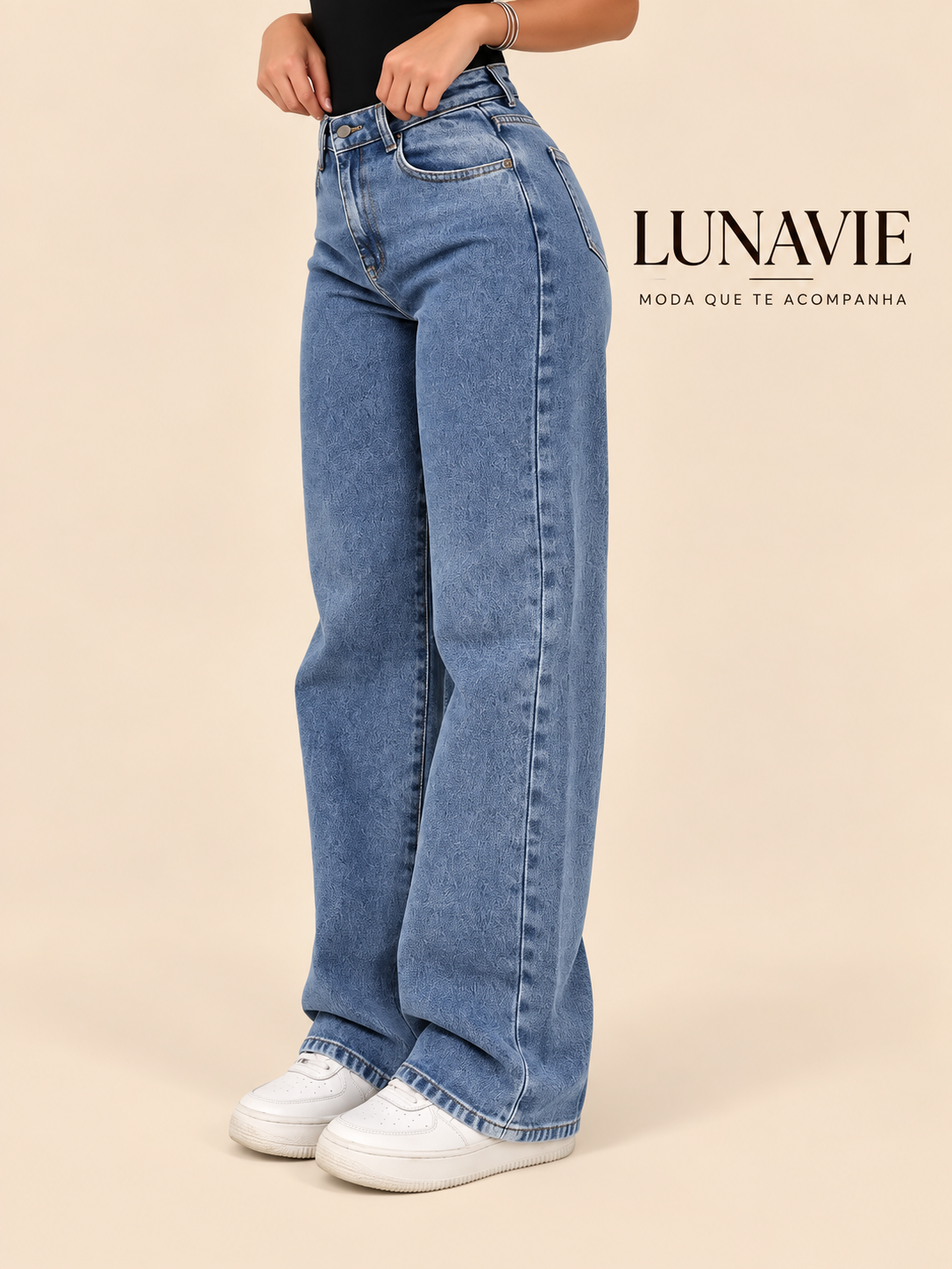 Calça Jeans Wide Leg Feminina Cintura Alta