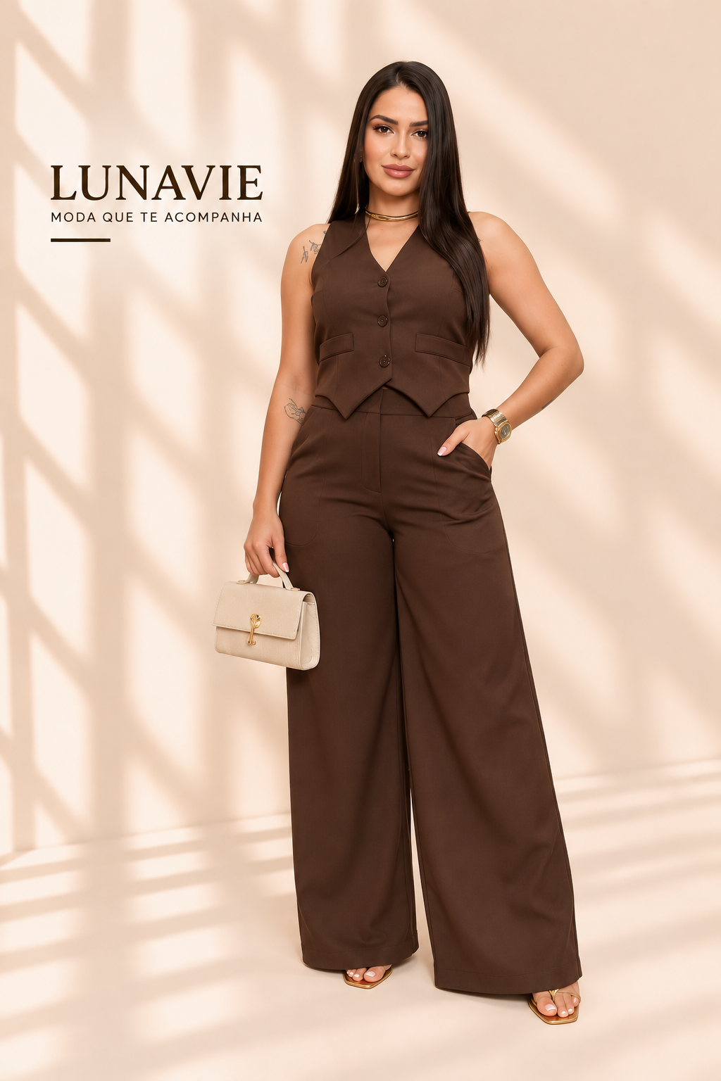 Conjunto Feminino Alfaiataria Colete e Calça Pantalona
