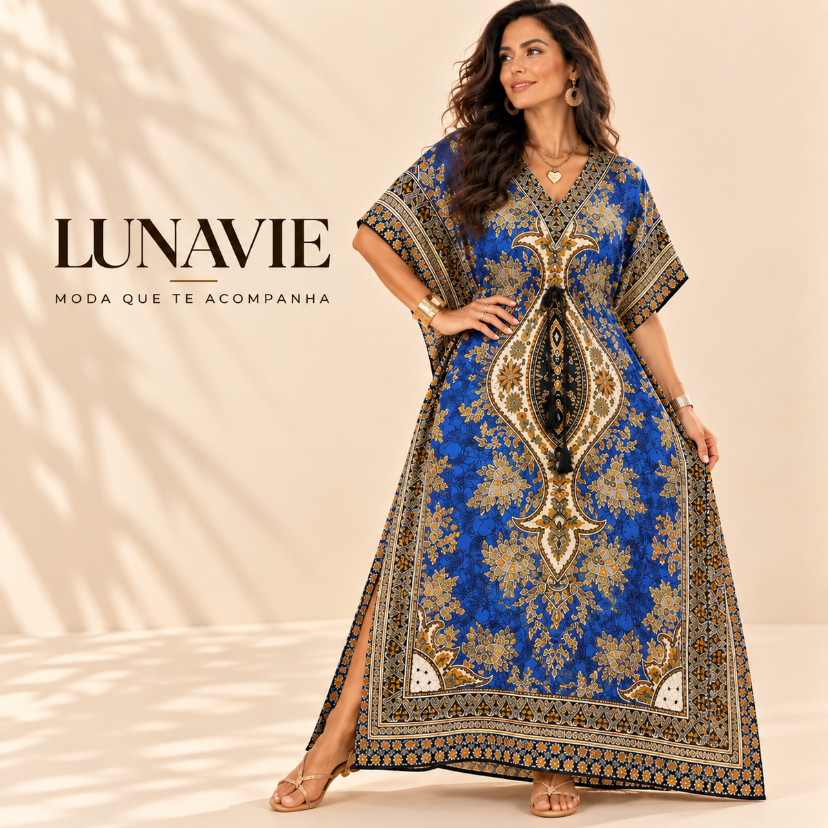 Vestido Longo Kaftan Boho Estampado Tamanho único
