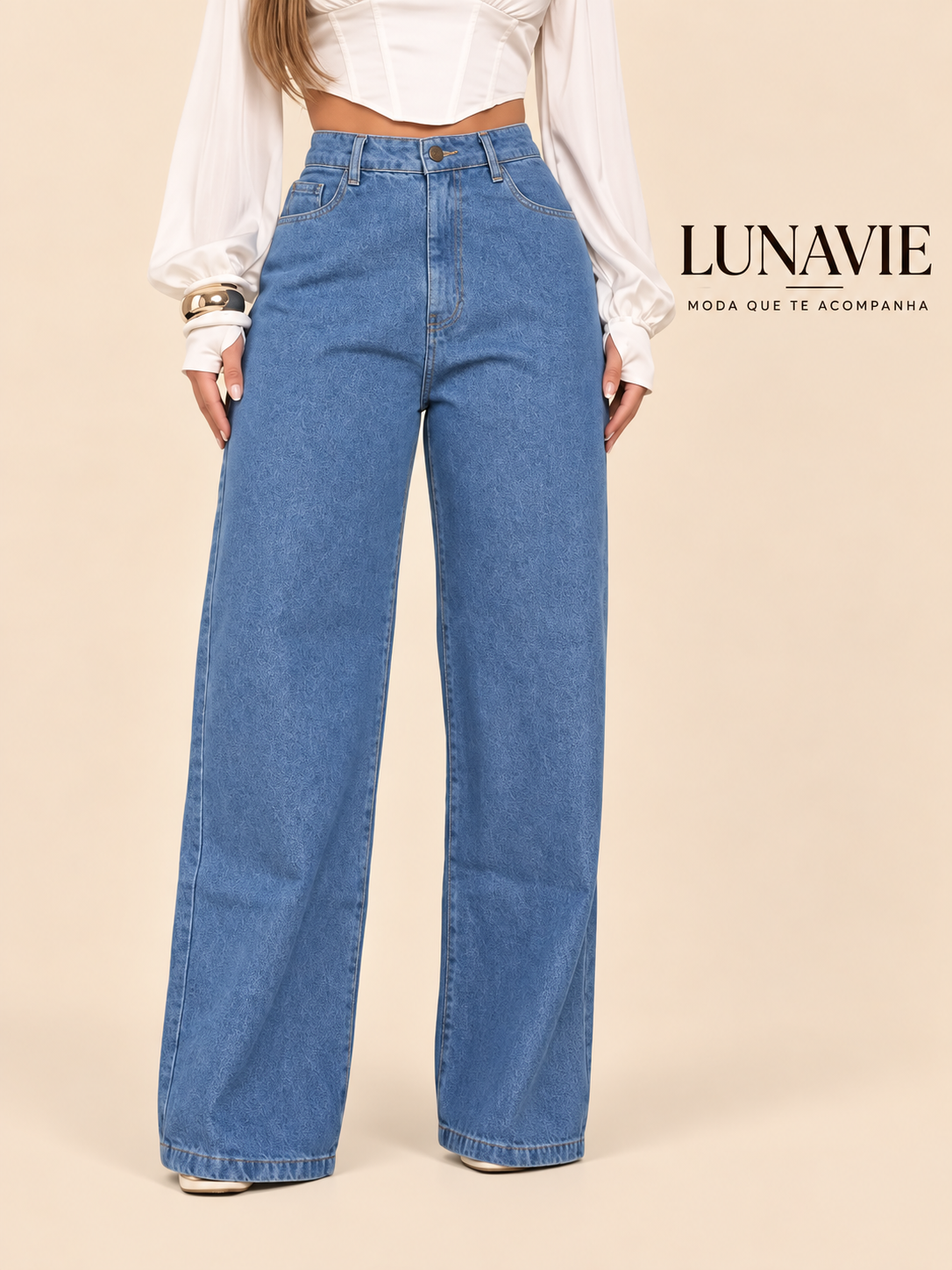 Calça Jeans Wide Leg Feminina Cintura Alta