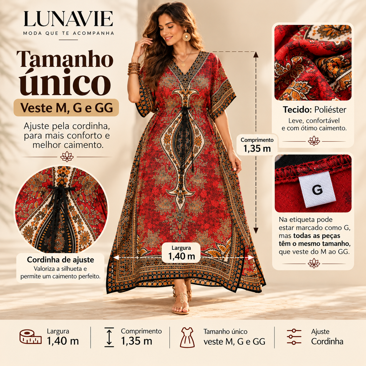 Vestido Longo Kaftan Boho Estampado Tamanho único