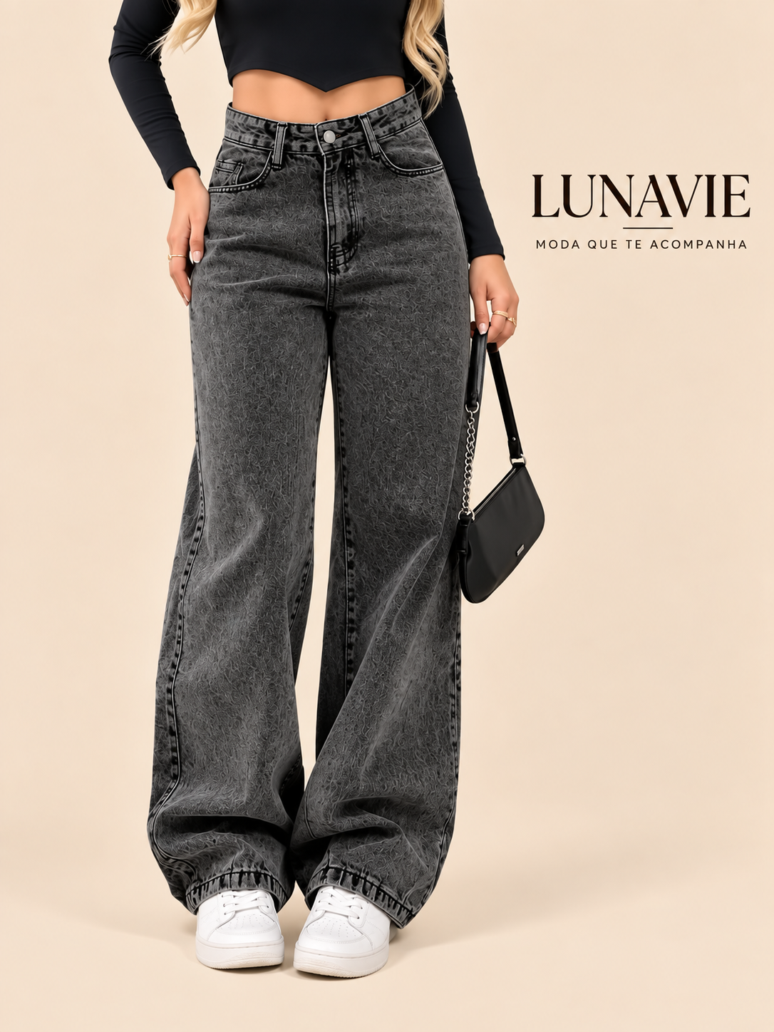 Calça Jeans Wide Leg Feminina Cintura Alta