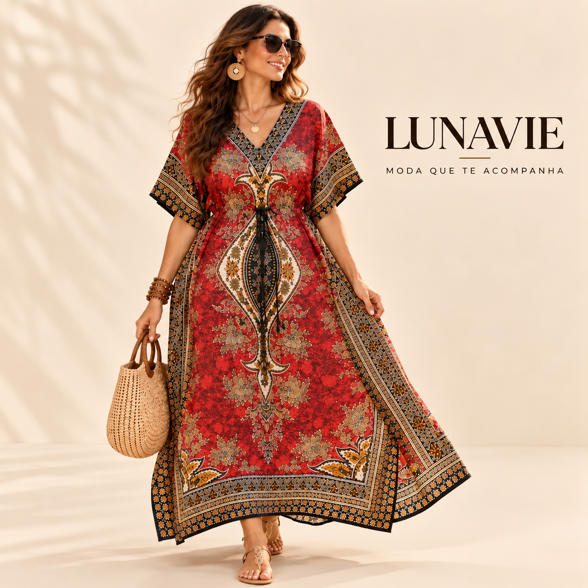 Vestido Longo Kaftan Boho Estampado Tamanho único