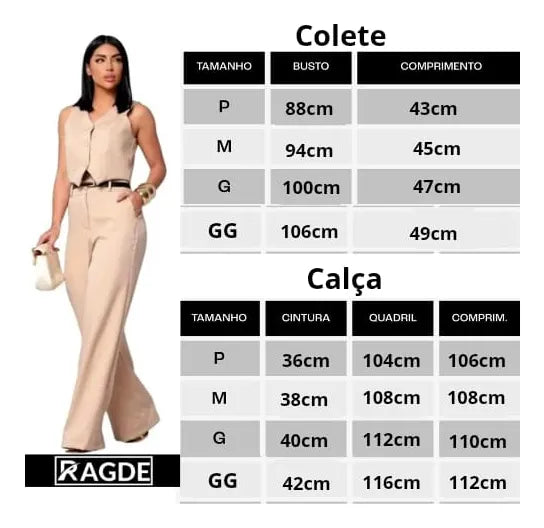 Conjunto Feminino Alfaiataria Colete e Calça Pantalona