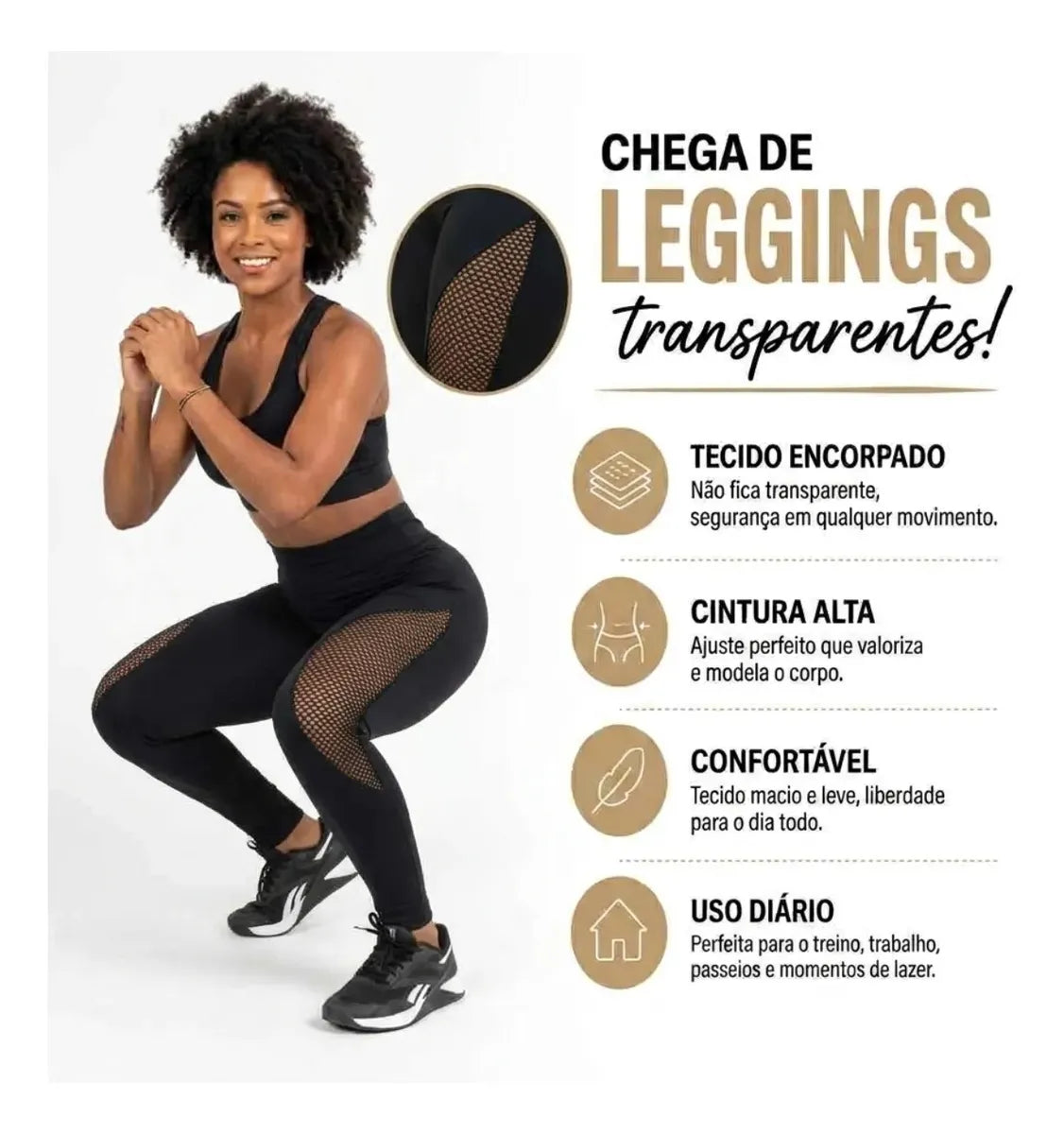 Calça Legging Feminina Cintura Alta com Detalhe em Tela
