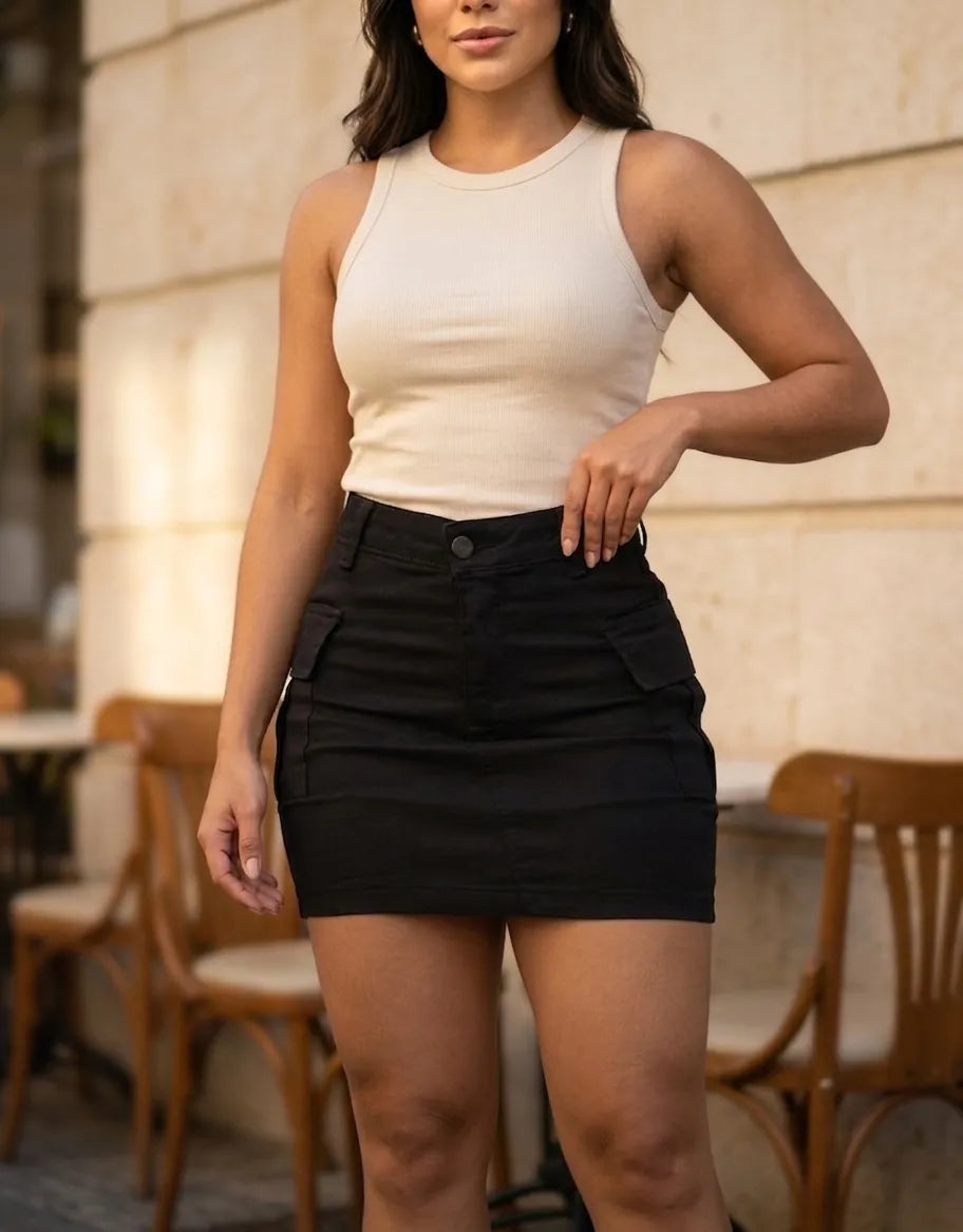 Saia Cargo Feminina Cintura Alta com Elastano