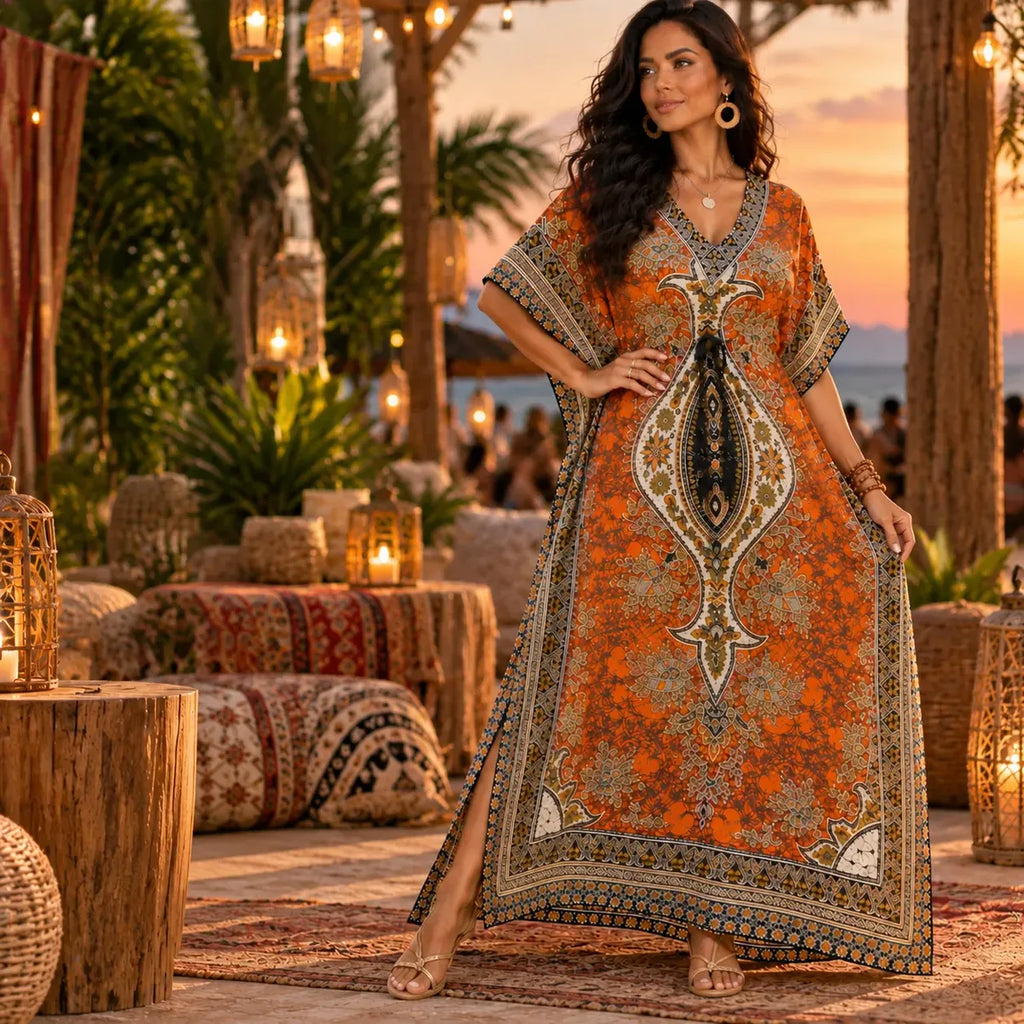 Vestido Longo Kaftan Boho Estampado Tamanho único