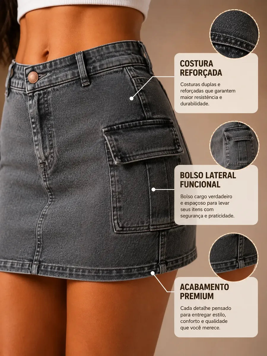 Saia Cargo Feminina Cintura Alta com Elastano