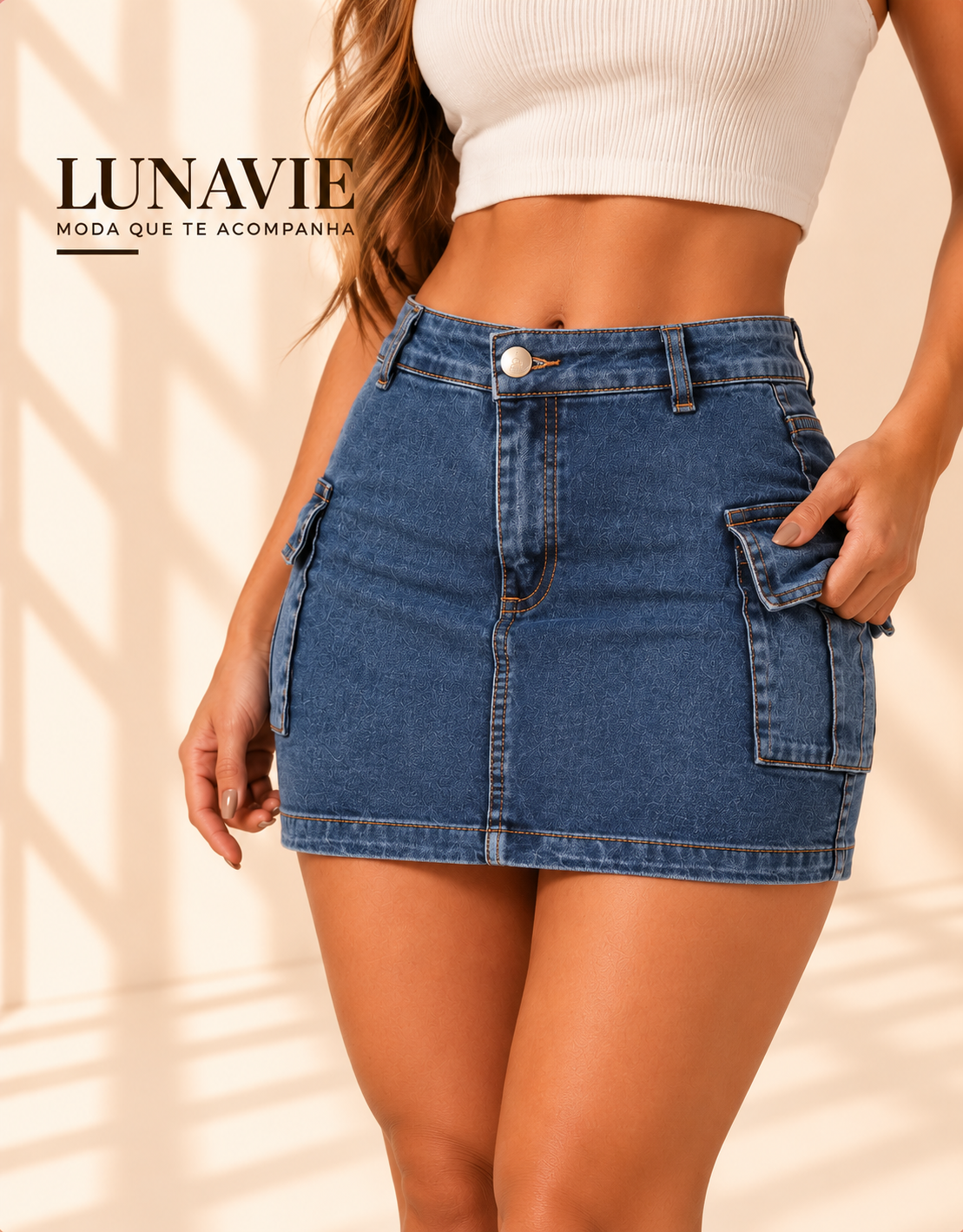 Saia Cargo Feminina Cintura Alta com Elastano